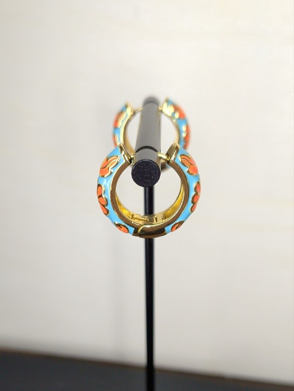 18k Gold Filled Hoop Earrings with Turquoise & Orange Floral Enamel - Picture 3 of 5